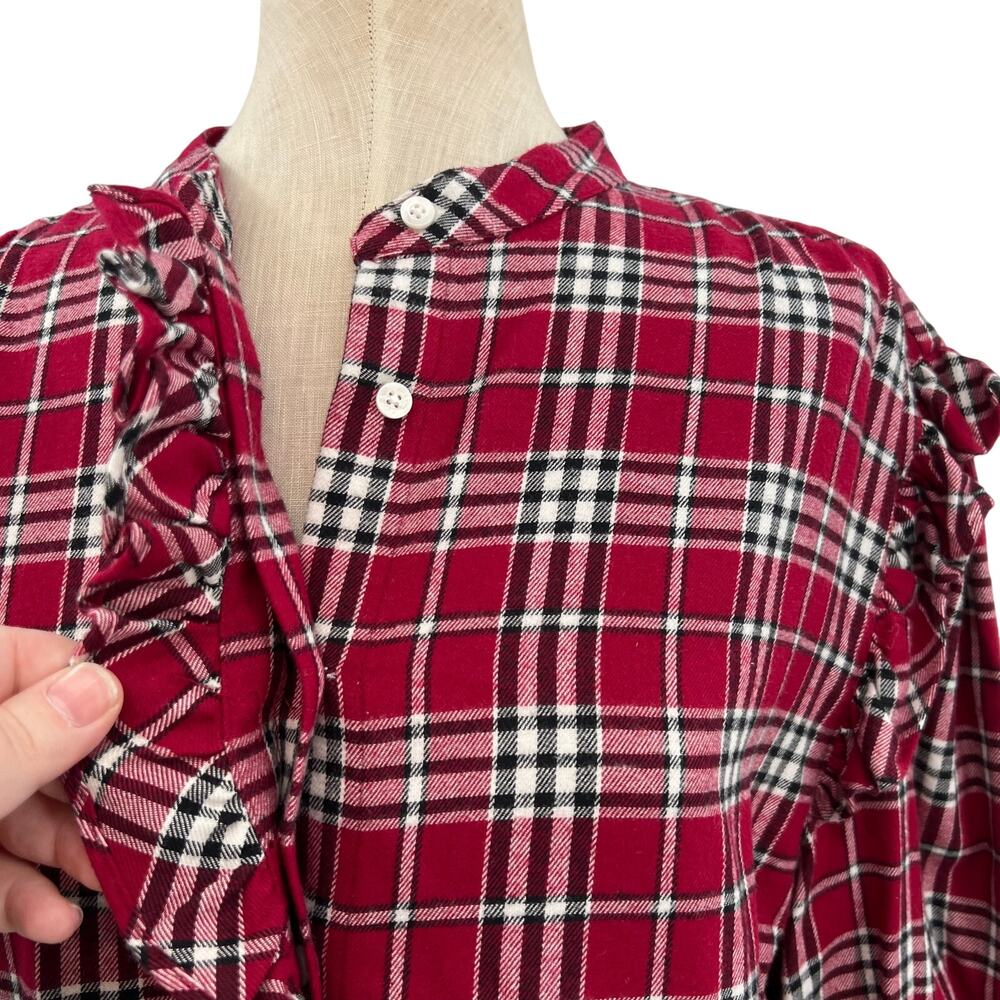Something Navy Flannel Plaid Ruffle Shirt Red Combo XXL 100% Cotton Button Up - Picture 5 of 15